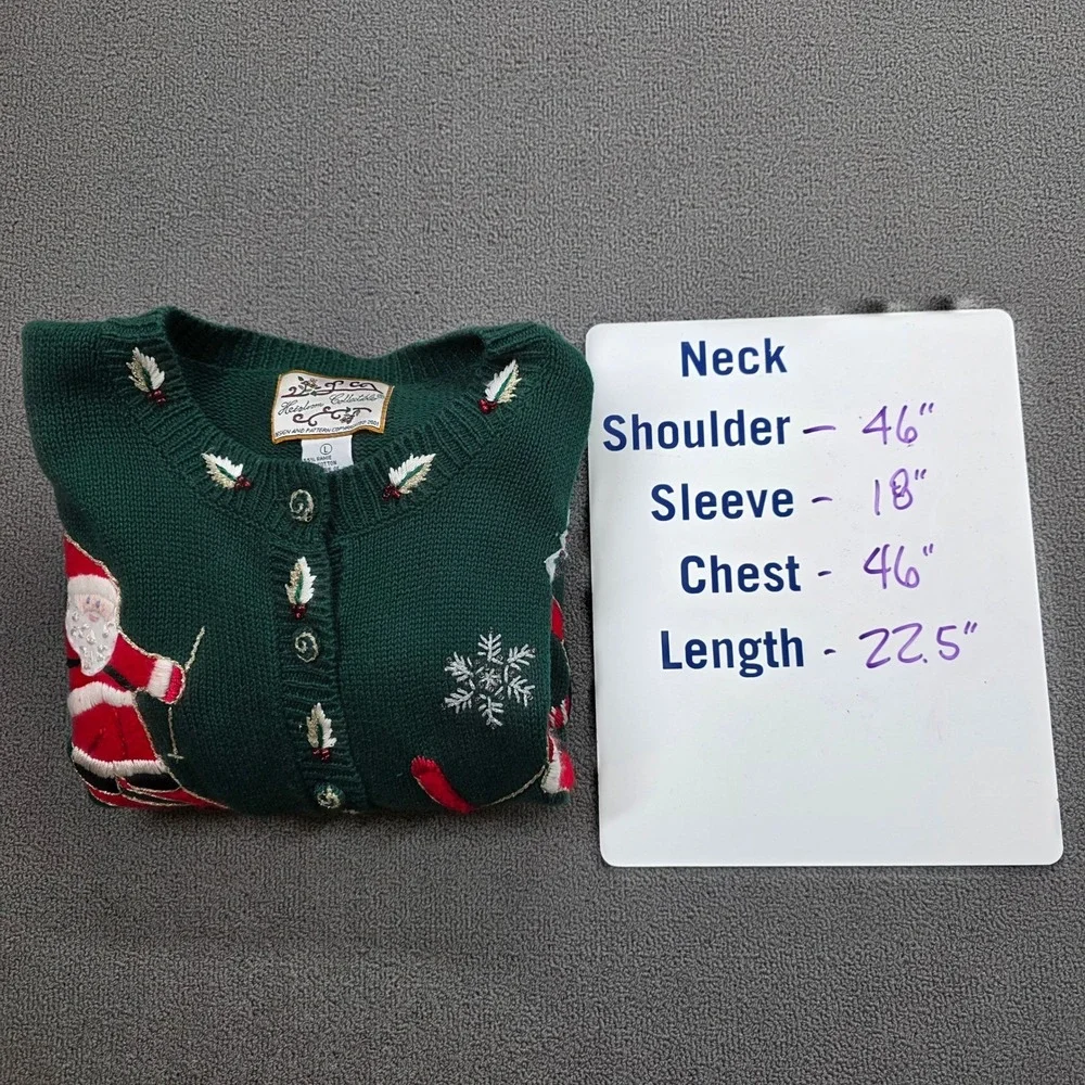 Heirloom Collectibles Vintage 2001 Christmas Cardigan Green Skiing‎ Santa Large